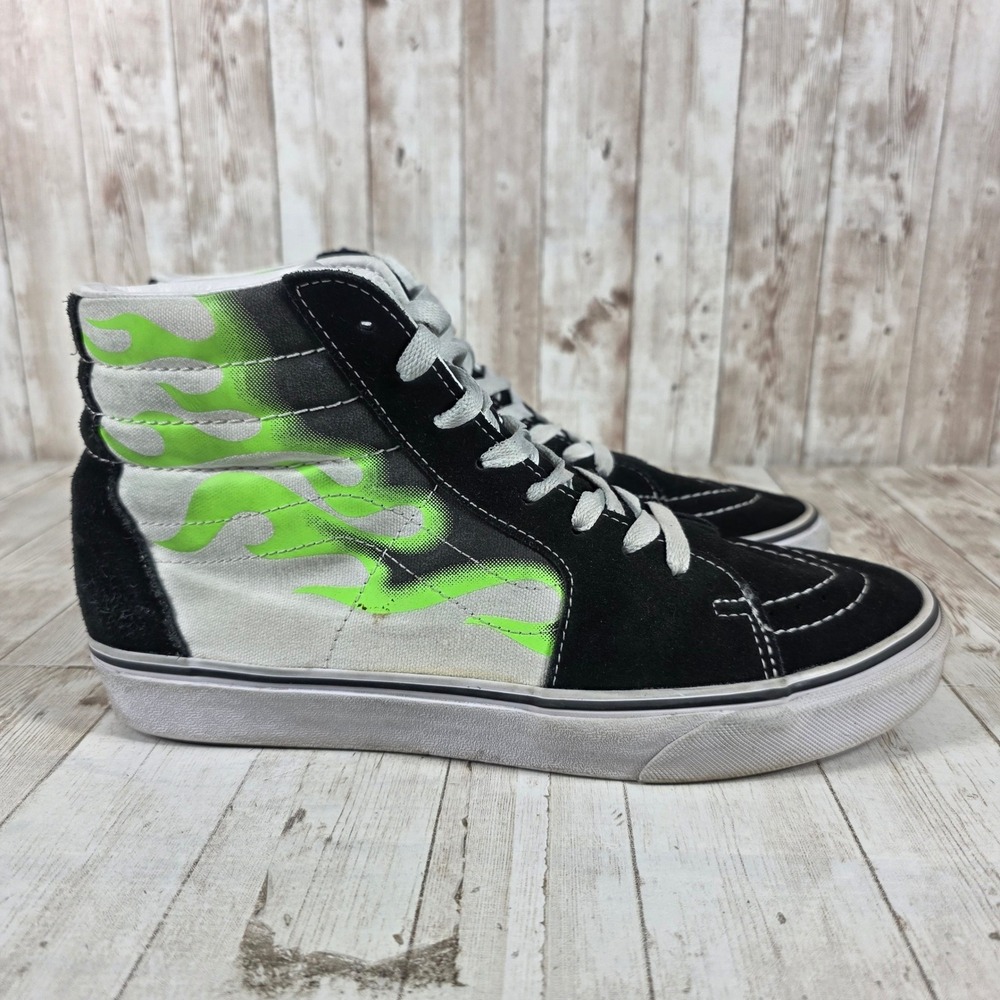 Vans Sk8-Hi Mens 9.5 Black White Neon Green Flame High Top Skate Shoes 507698